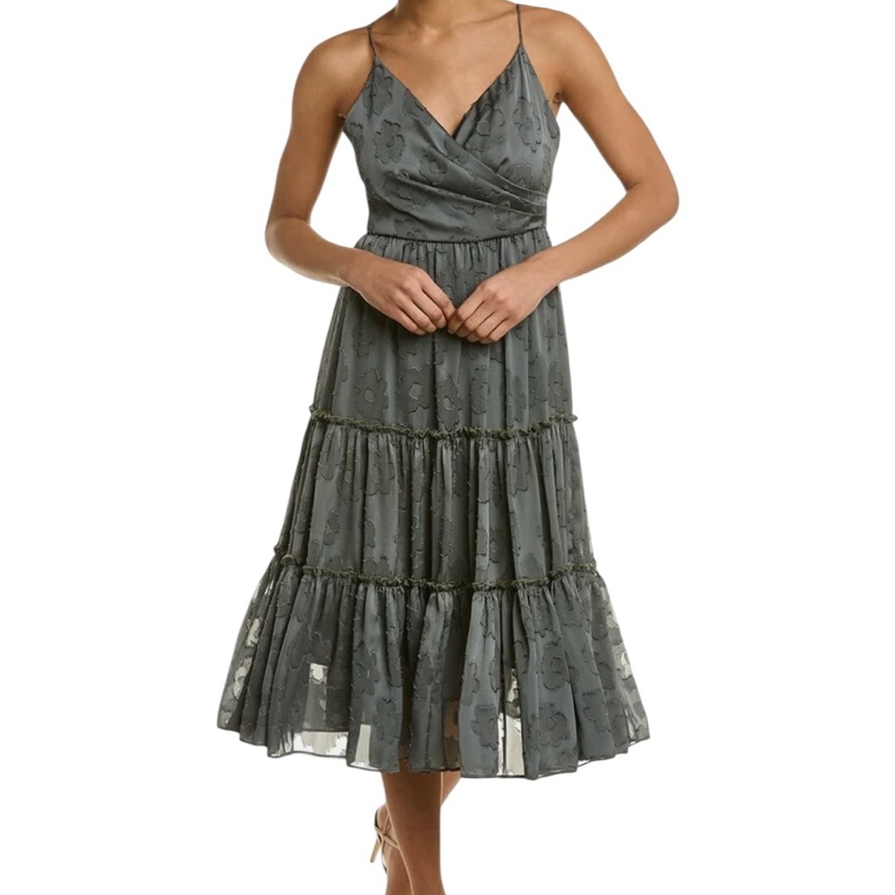 Sachin + Babi Dahlia Moss Green Ruffled Floral Embossed Midi Dress